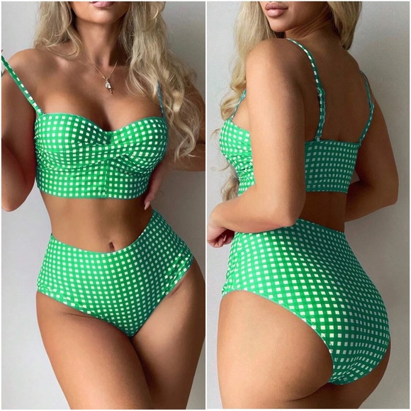 Gingham Print Padded High waisted Swim Beach Bikini - Picture 1 of 6